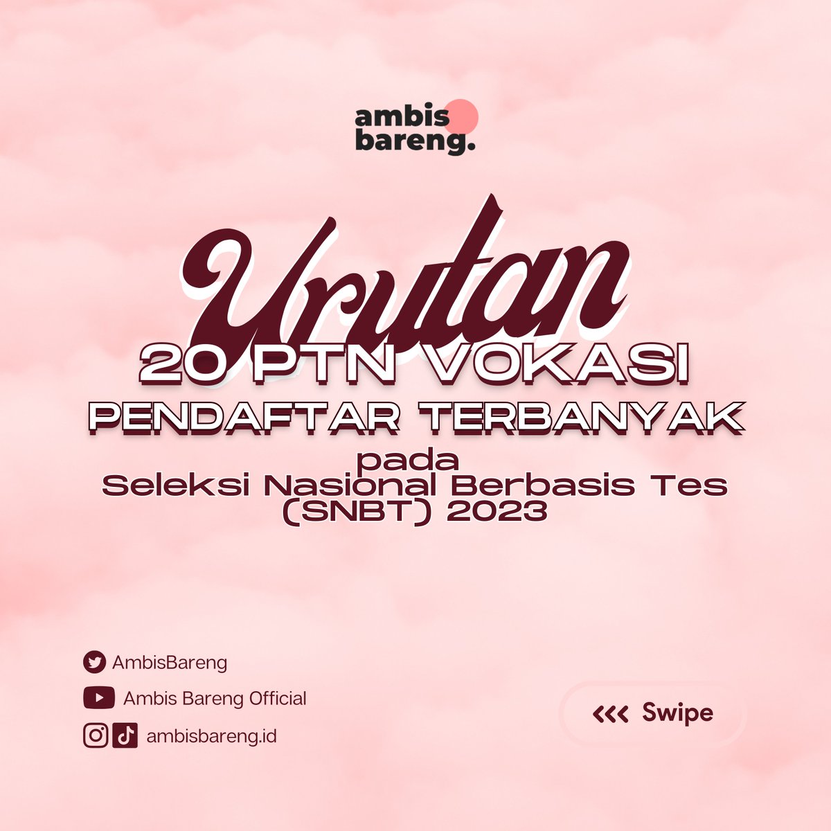 AmbisBareng's tweet image. [20 PTN VOKASI PENDAFTAR TERBANYAK]

Berikut merupakan Statistik PTN Vokasi dengan Pendaftar TERBANYAK pada SNBT 2023!!  kampus mu masuk list sini juga engga? 

#UTBK2023 #SNBT2023 #StatistikHasilUTBK2023 #AfterUTBK2023 #AmbisBareng