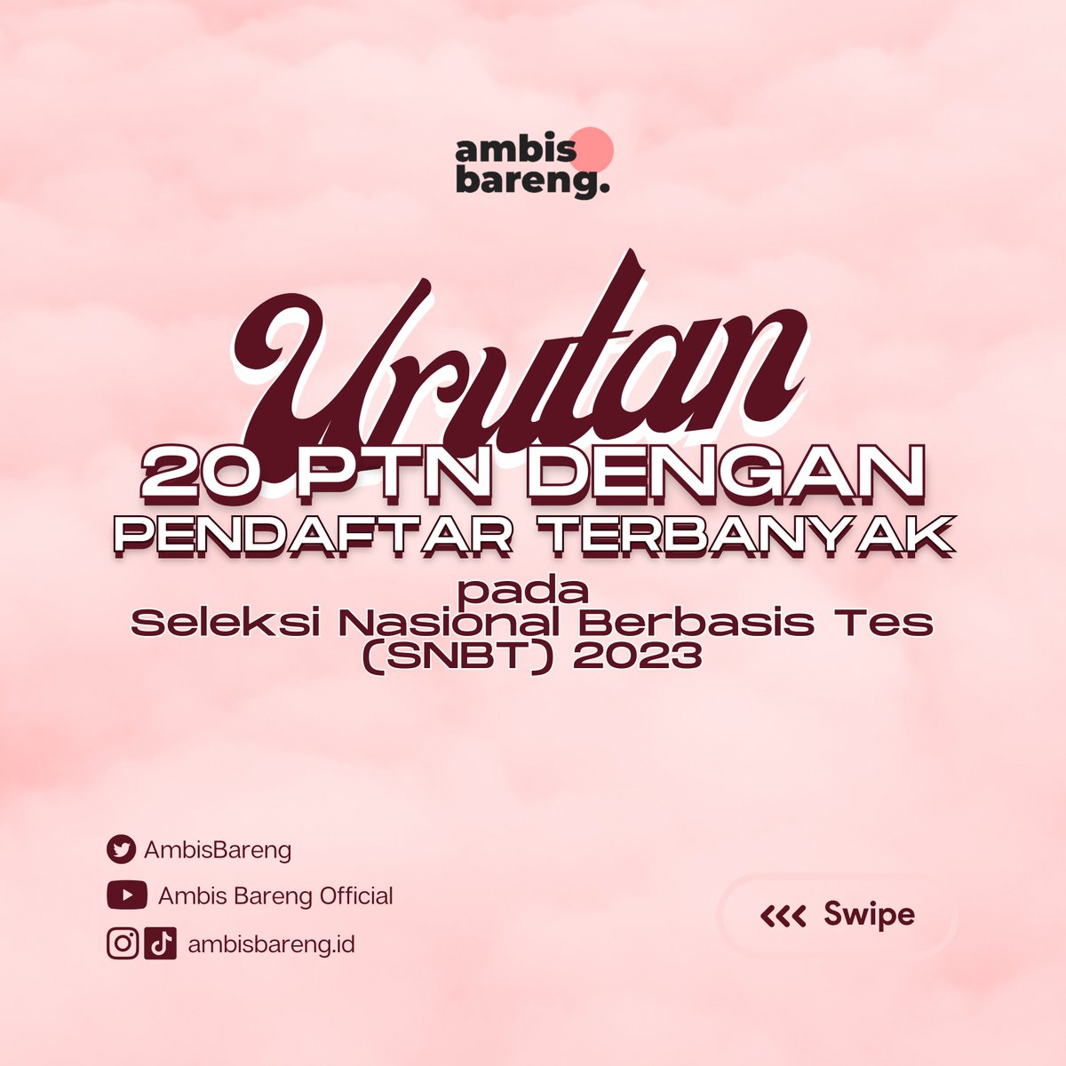 AmbisBareng's tweet image. [20 PTN PENDAFTAR TERBANYAK]

Berikut merupakan Statistik PTN dengan Pendaftar TERBANYAK pada SNBT 2023!!  kampus mu masuk list sini juga engga? 

#UTBK2023 #SNBT2023 #StatistikHasilUTBK2023 #AfterUTBK2023 #AmbisBareng