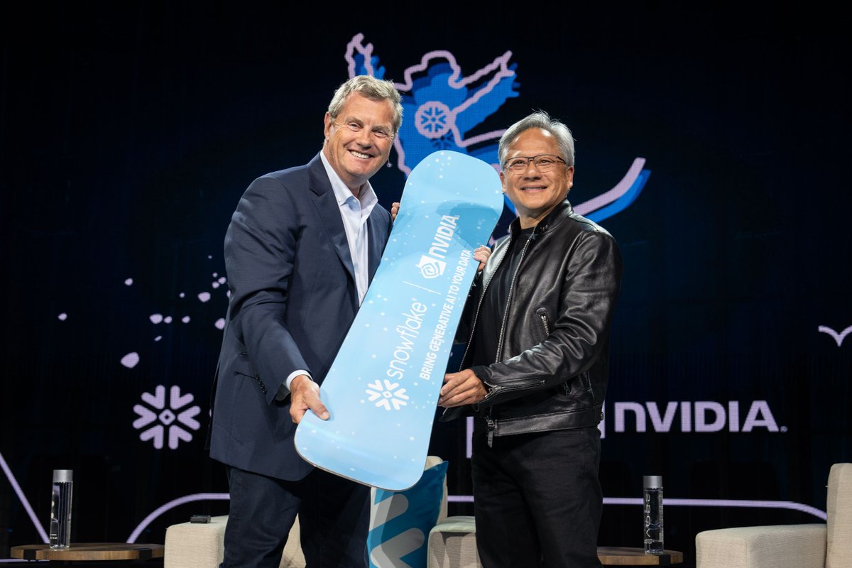 Snowflake's tweet photo. "@NVIDIA brings its #AI computing platform to cloud data firm Snowflake" enabling customers to build AI models using their own data. https://t.co/sJPi2Nv82Q (via @Reuters) https://t.co/1T8HGndADh