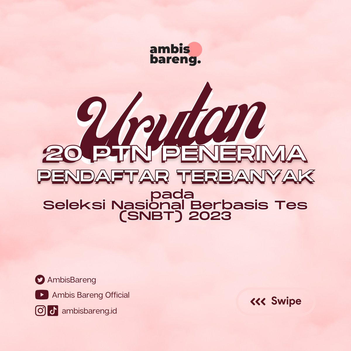 AmbisBareng's tweet image. [20 PTN  PENERIMA PENDAFTAR TERBANYAK]

Berikut merupakan Statistik PTN dengan Penerima Pendaftar TERBANYAK pada SNBT 2023!!  

Kampus kamu masuk list sini juga engga? 

#UTBK2023 #SNBT2023 #StatistikHasilUTBK2023 #AfterUTBK2023 #AmbisBareng