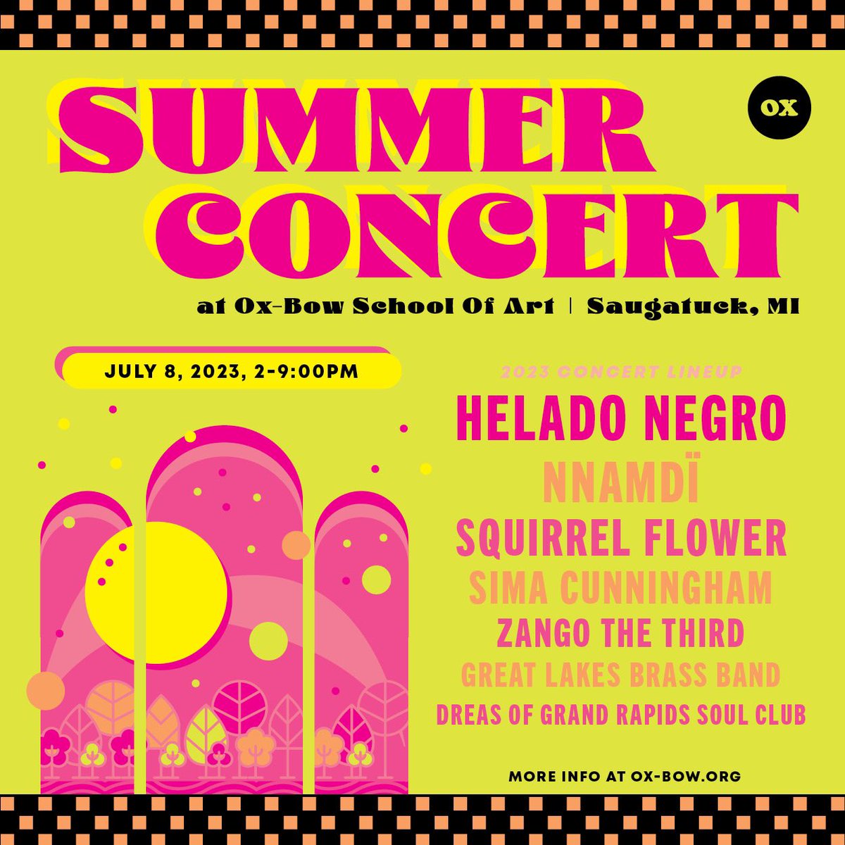 Ox-Bow School of Art &amp; Artists’ Residency in Saugatuck, Michigan on Saturday, July 8. Join us for some lagoon-side music on the meadow and an incredible lineup featuring Helado Negro, NNAMDÏ, Squirrel Flower, Sima Cunningham, Zango The Third &amp; More! 

ox-bow.org/summer-concert