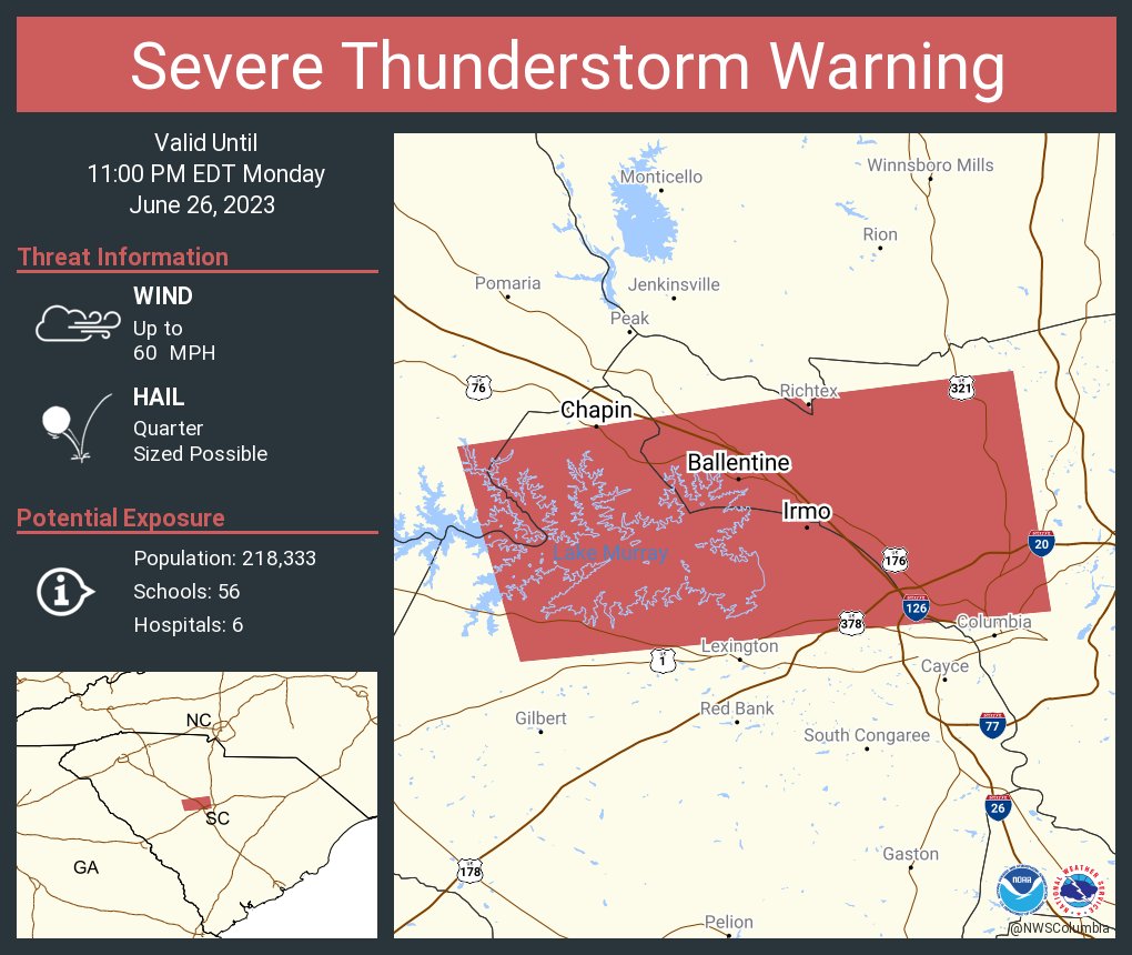 NWS Columbia on Twitter "Severe Thunderstorm Warning including Irmo SC, Chapin SC and