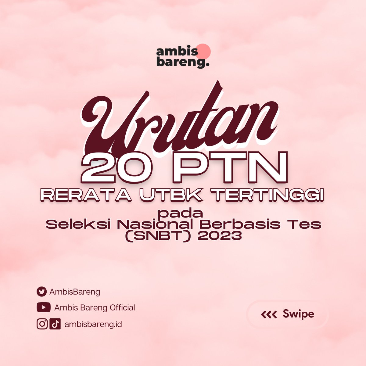 AmbisBareng's tweet image. [20 PTN DENGAN RATA-RATA UTBK TERTINGGI]

Berikut merupakan Statistik PTN dengan RATA-RATA NILAI TERTINGGI pada SNBT 2023!!  

#UTBK2023 #SNBT2023 #StatistikHasilUTBK2023 #AfterUTBK2023 #AmbisBareng