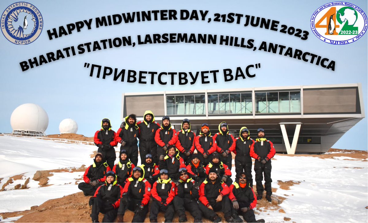 #42ISEA wintering team at Bharati, the third Indian research base in #Antarctica, celebrated Mid-Winter Day and #InternationalYogaDay2023 on 21st April, 2023. 

#MidWinterDay

@moesgoi

@Ravi_MoES