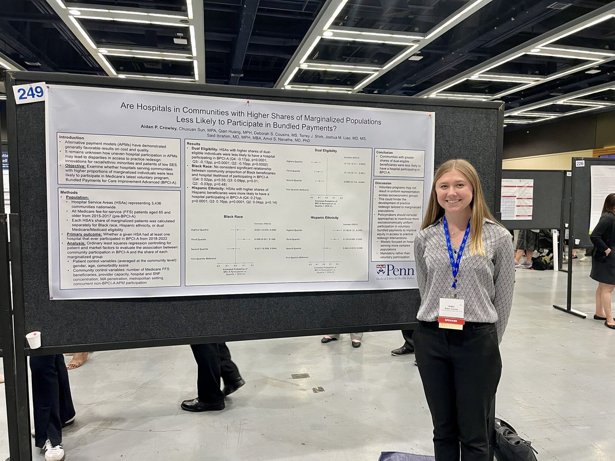 Enjoyed presenting an oral abstract and a poster at my second @AcademyHealth #ARM23. Great to connect with so many mentors, colleagues, and role models in person! @PennLDI @PennCHIBE @PayInsightsTeam