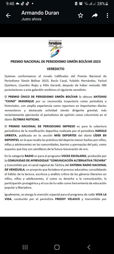 <a href="/sbolivarpremio/">Premio Nacional de Periodismo 🇻🇪</a> En Hora Buena. Felicitaciones!! Valioso, Educativo y emocionante trabajo.
<a href="/crauetdt/">Radio Talento</a> 
<a href="/RNVinformativa/">RNV Informativa</a> 
<a href="/Rmiraflorestv/">Radiomiraflores.tv</a>