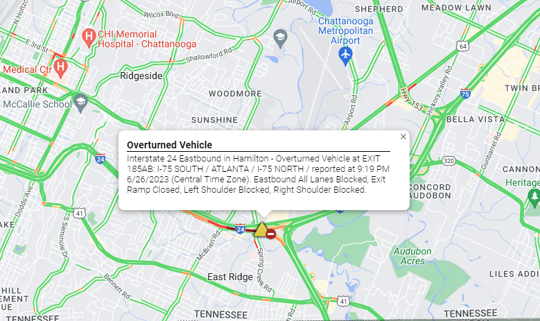 Local3News's tweet photo. TRAFFIC ALERT: An overturned vehicle has shut down all eastbound lanes on I-24 at exit 185AB near the split, TDOT reports.
Find live traffic updates on the Local 3 Traffic map: https://t.co/4BK3ikjzOC https://t.co/a3ULg89CDE