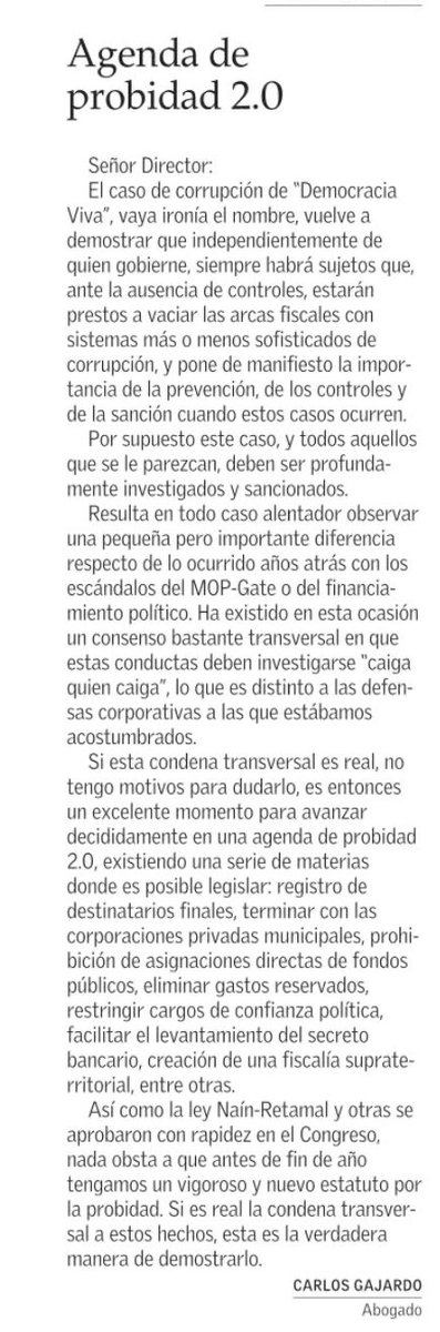 Si es real la condena transversal a los hechos de corrupción de “Democracia Viva”, ello debería ser un impulso fuerte a una agenda de probidad 2.0.
Secreto bancario, gastos reservados, asignaciones directas, corporaciones municipales. Hay mucho x avanzar. Comparto carta 👇🏽