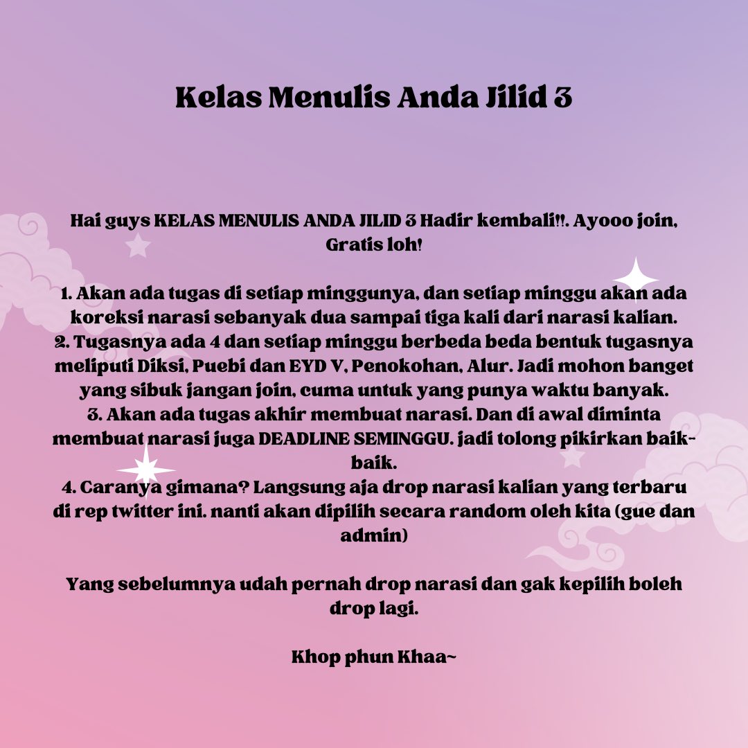 🔥 KELAS MENULIS ANDA BATCH 3 🔥

Karena yang batch dua sebentar lagi akan selesai maka akan gue buka dari sekarang, persiapkan dirimu untuk di tanggal 20 Juli sampai satu bulan ke depan 😘😘

Jika berminat silakan reply/DM narasi kalian dan semoga beruntung!!!