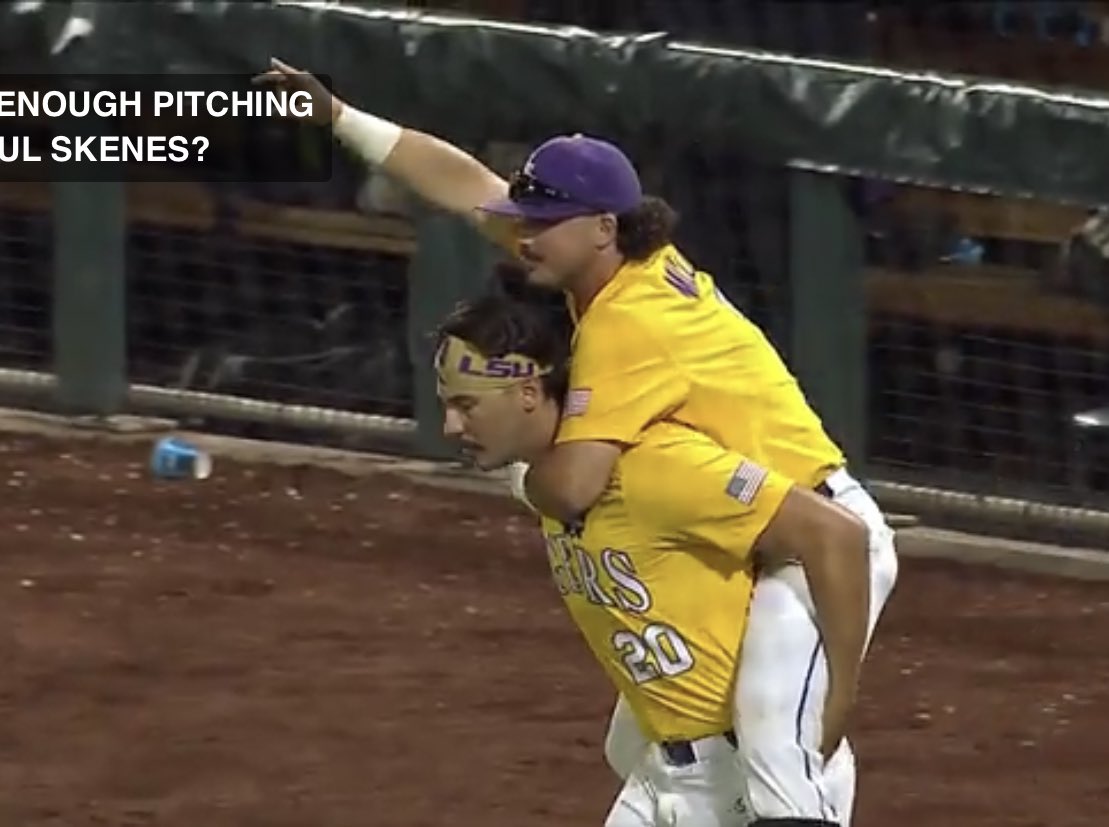 One picture that captures the reason these guys did what they did this season. They love one another, they put each other on their backs when it was needed. I’ve said all season these kids were special!! #ForeverLSU #LSU #GeauxTigers #MCWS 💜💛🐯⚾️