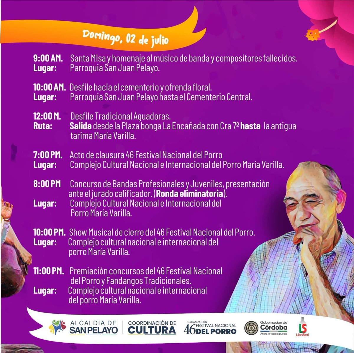 Programado del Festival Nacional del Porro en San Pelayo #Córdoba