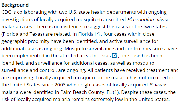 CDC reports 5 mosquito-transmitted malaria cases in Florida and Texas, the first local cases in the U.S. since 2003