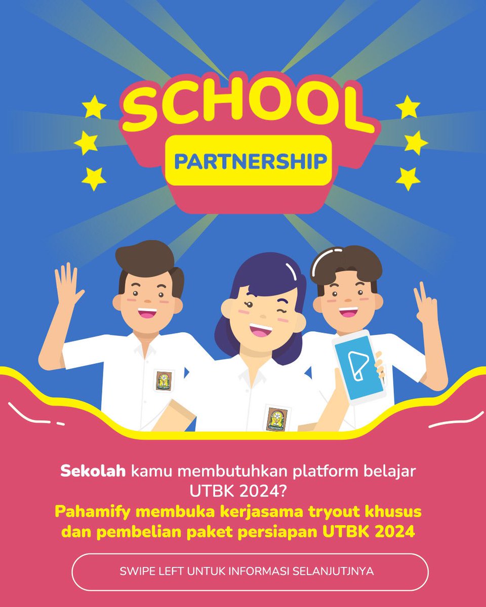 pahamify's tweet photo. 📚Pembukaan School Partnership Program UTBK 2024📚

Mau sekolah kamu kerja sama dengan Pahamify sebagai platform penyedia sumber belajar UTBK 2024?

Ada banyak keuntungan dan potongan harga menarik buat kamu serta sekolah kamu🥳✨ https://t.co/uA1sTxtLo7