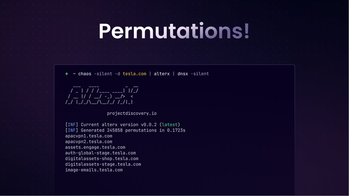 Find well-hidden subdomains using the power of ✨permutations✨ with chaos, alterx and dnsx! 💪

Generate subdomain permutations using alterx on an existing list of passive subdomains from chaos and resolve using dnsx!

This yielded us 7 new subdomains! 👇