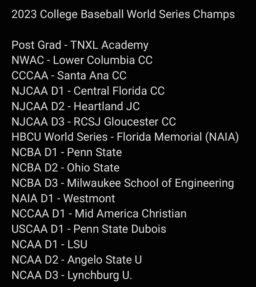 Congrats to all 16 College Baseball National Champions.

I support all college baseball.

Just want kids to choose for the right reasons.

If i missed anyone, please speak up.

Good Luck and Congrats.