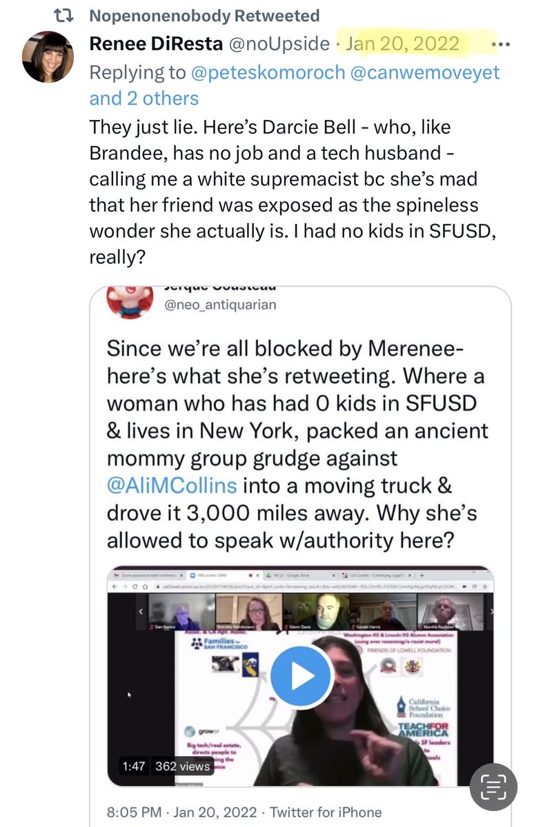 This woman is an expert on disinformation, she claims she was called a white supremacist (she was not) she claims she had kids in SFUSD in 2022 (she did not.) Also claims I’m a jobless, rich tech wife, which is news to my whole family and I’m really hoping to manifest this for Q3