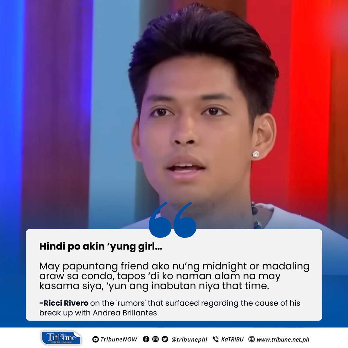 'HINDI PO AKIN 'YUNG GIRL'

Ricci Rivero aired his side of the story for the first time since the “rumors” regarding the reason for his recent breakup with actress Andrea Brillantes surfaced.

Read more at: tribune.net.ph/2023/06/26/ric…

#RicciRivero
#AndreaBrillantes
#ShowbizNews