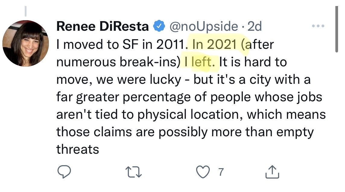 Never saw this tweet until today, but I can still be annoyed by annoying people 17 months later. Anyhow, here’s Renee’s heartfelt goodbye and obligatory “San Francisco forced me out because CRIME” post: