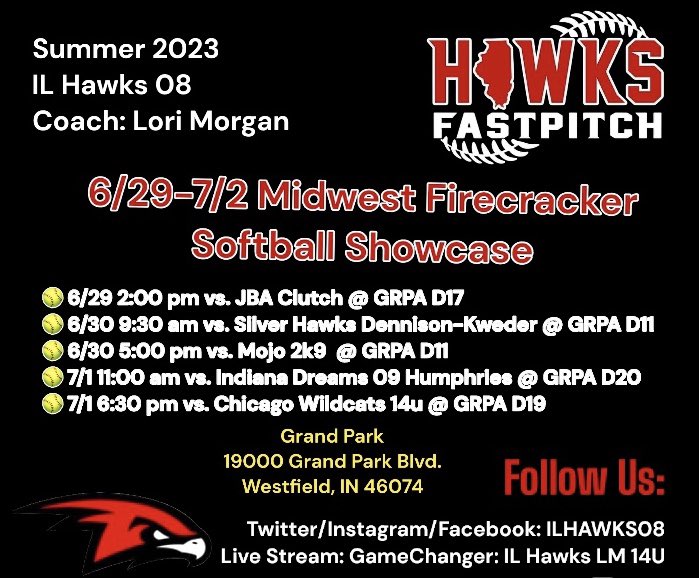 @ilhawks08 will be in Westfield, IN starting this Thursday, 6/29. Come out and watch us. #pgf #softball