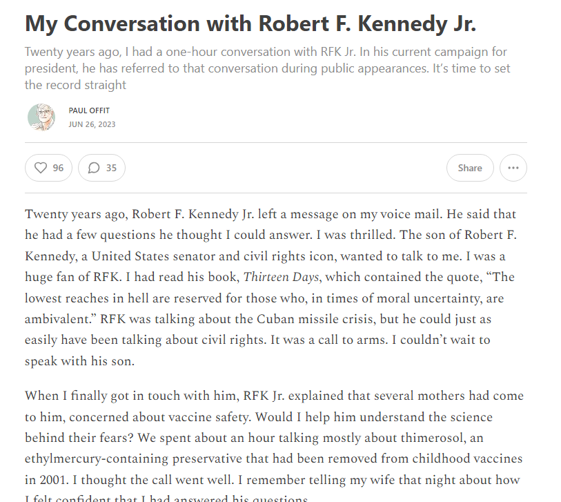 thebadstats's tweet photo. Amazingly, this free speech mecca still throttles links to a particular blogging website, but here is a screenshot of a post you can read by Paul Offit where he responds to RFK Jr.'s story about how he totally pwned Paul Offit on the phone 20 years ago https://t.co/gSIB2jmQDQ