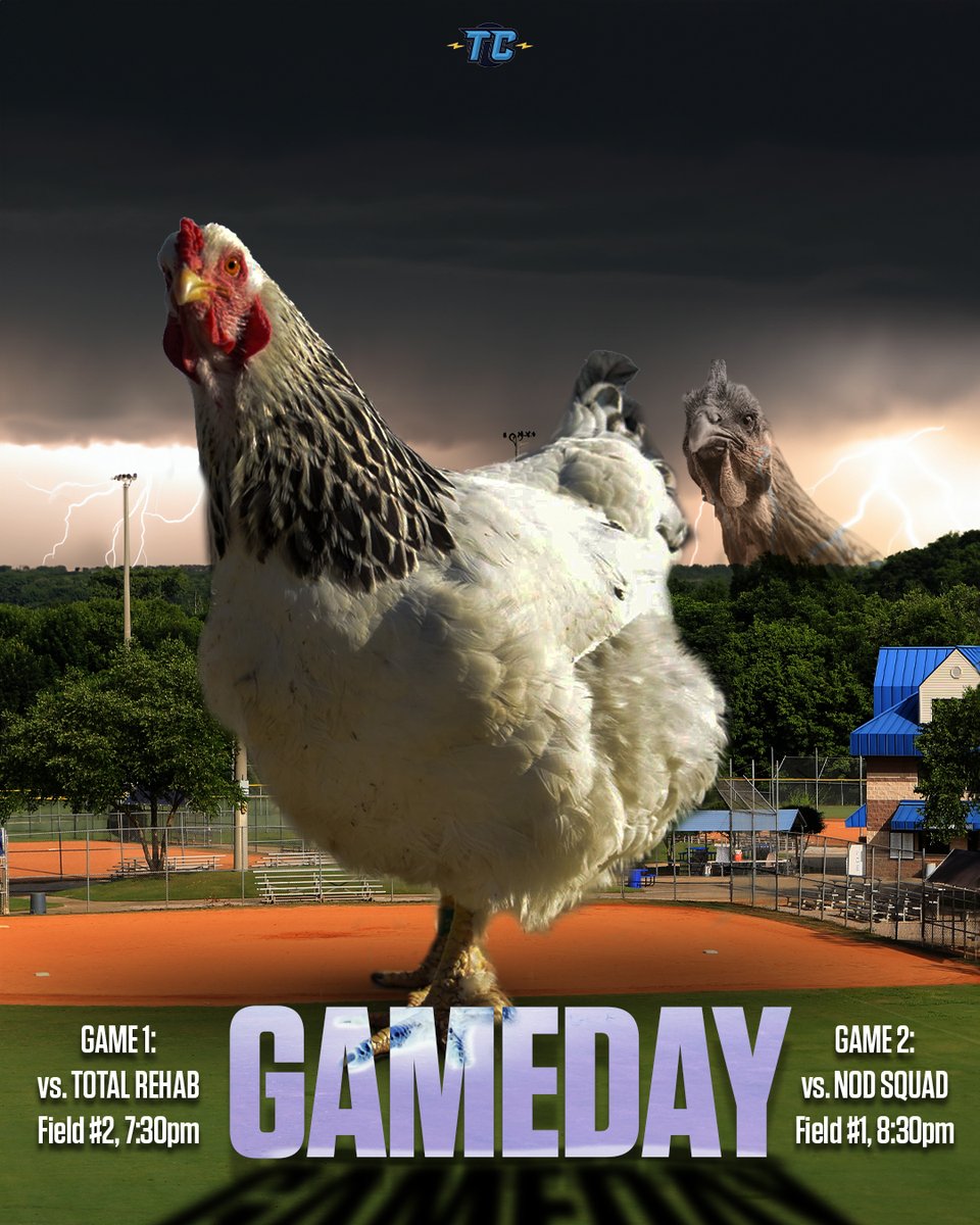 Thund3rChick3ns's tweet photo. WAKE THE 𝘾𝙇𝙐𝘾𝙆 𝙐𝙋... IT'S GAMEDAY!

It's #OpeningDay and the quest for a W in 2023 is on for the Thunder Chickens!

🆚: Total Rehab/Nod Squad
⏰: 7:30/8:30pm
🏟: Field 2/Field 1

#CluckUp⚡️🐔 https://t.co/xErUlQlsEx
