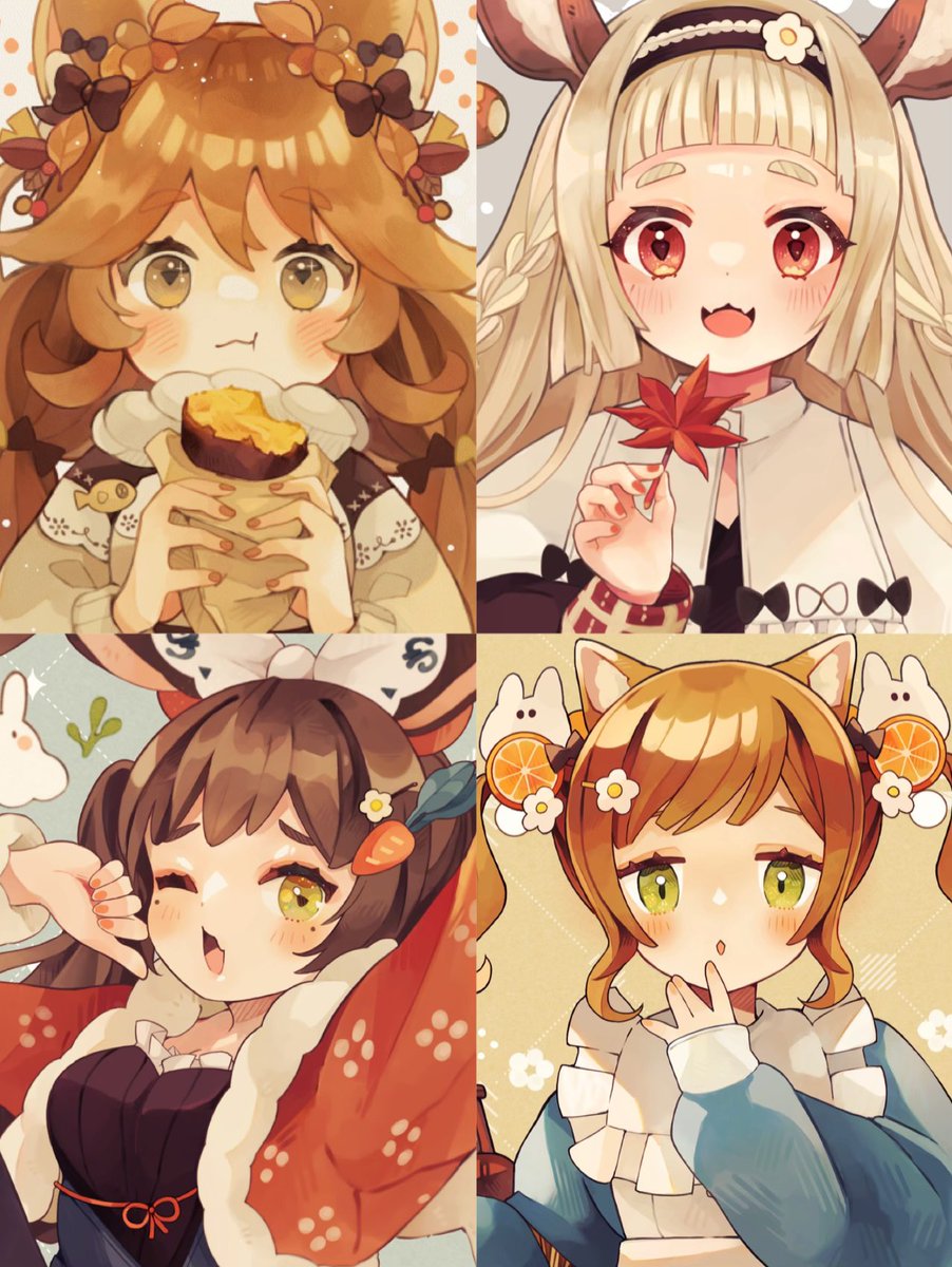 multiple girls animal ears 4girls brown hair food leaf holding food  illustration images