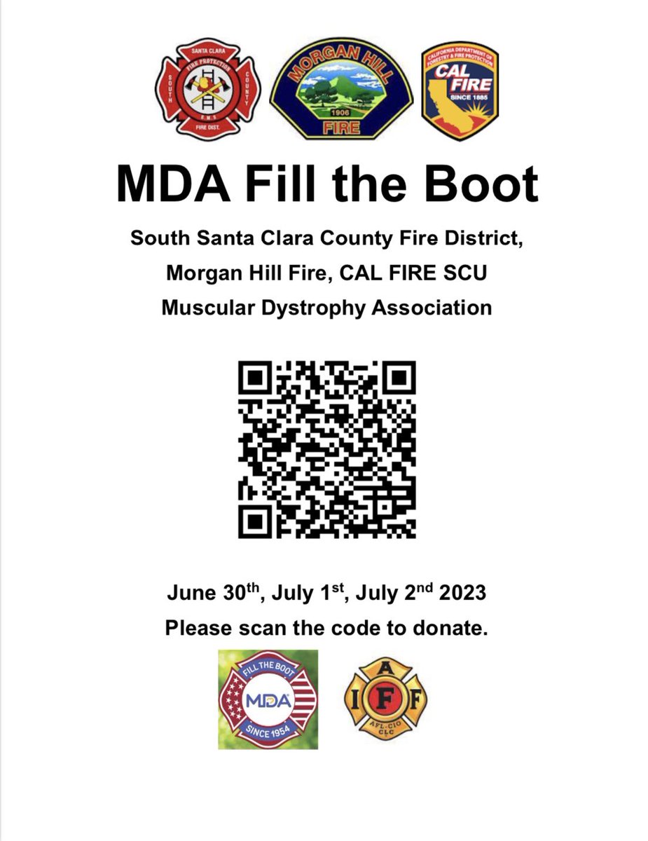 calfireSCU's tweet image. Firefighters will be out and about in Morgan Hill this weekend to #FilltheBoot for the Muscular Dystrophy. Show your support and stop by one of 3 locations:

•Monterey X Tennant
•Monterey X Main 
•Cochran X Madrone

If you are unable to stop by to donate in person you can…