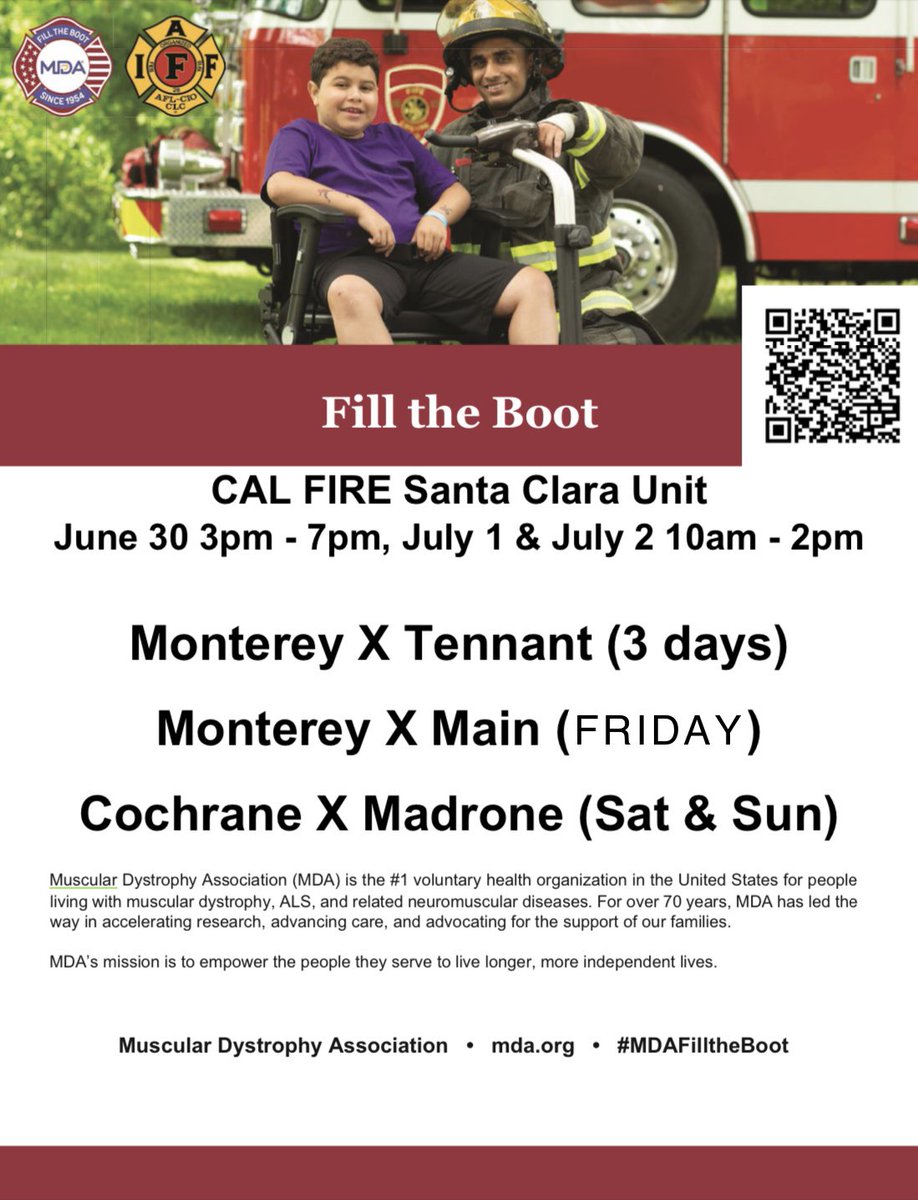 calfireSCU's tweet image. Firefighters will be out and about in Morgan Hill this weekend to #FilltheBoot for the Muscular Dystrophy. Show your support and stop by one of 3 locations:

•Monterey X Tennant
•Monterey X Main 
•Cochran X Madrone

If you are unable to stop by to donate in person you can…