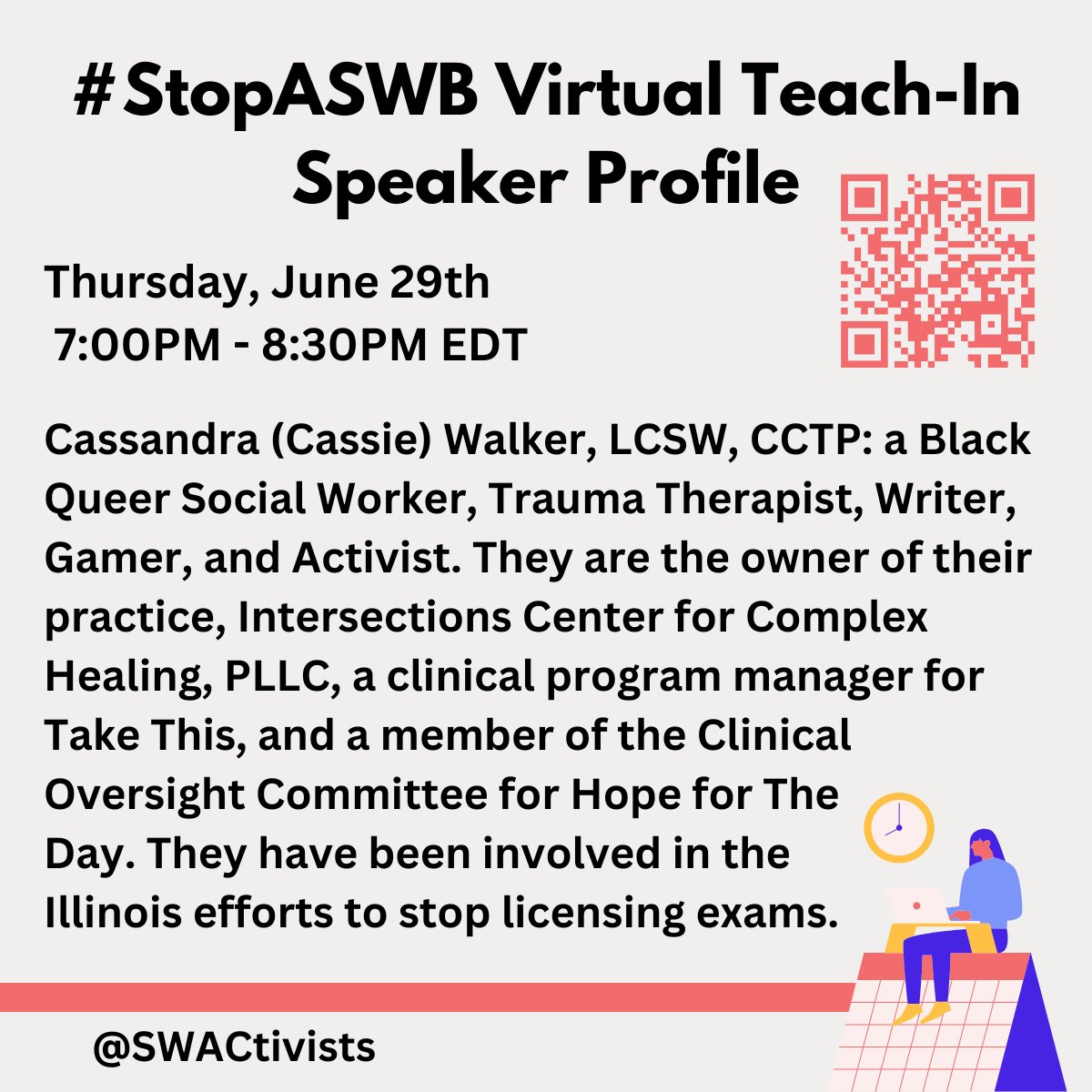 Check it out! Here's some more info about one of our speakers, Cassandra (Cassie) Walker, LCSW, CCTP. See you this Thursday - Register using the QR code or this link: tinyurl.com/nsnxjxw6

@mentalwoke

#StopASWB #tuesdaymotivations #tuesdayvibe #advocacy #socialwork #activism
