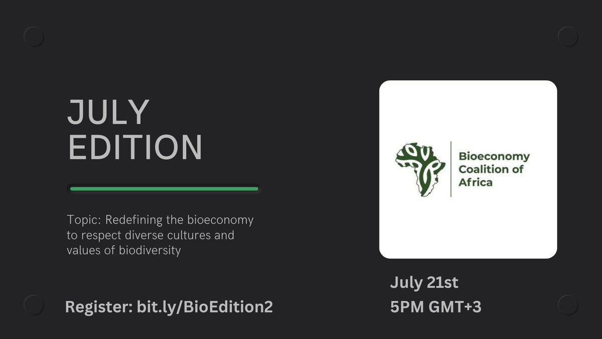 Join us for our July edition of the Africa Bioeconomy Webinar Series, where we will explore;
#Topic: Redefining the bioeconomy to respect diverse cultures and values of biodiversity.
Register now: bit.ly/BioEdition2 #BioeconomyAfrica #Biopiracy