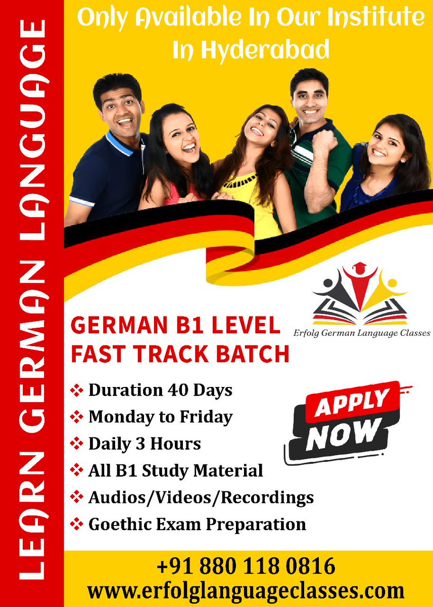 roshanagarwal6's tweet image. Unlock new opportunities with our GERMAN B1 LEVEL FAST TRACK BATCH, exclusively available at Erfolg German Language Classes in Hyderabad. 🏢🌟 Call For More Info +91 880 118 0816
#LearnGerman #GermanLanguageClasses #ErfolgLanguageClasses #HyderabadInstitute #FastTrackBatch