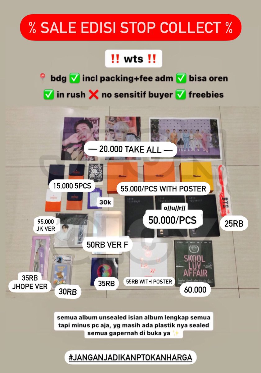 Agitynsp's tweet photo. [✨HELP RT PLS BGT✨]

‼️WTS‼️

• siapa cepat dia dapat
• in rush &amp; split pay
• dom bdg, bisa co🍊
• udh murah jgn nego lg👍🏼
• free packing+adm+freebies
• minimal take 2pcs

wtb bts ina mpc pc dalmajung dicon sowoozoo album poster clearence sale rm jin suga jhope jimin v jk https://t.co/k4WLcrHMpI