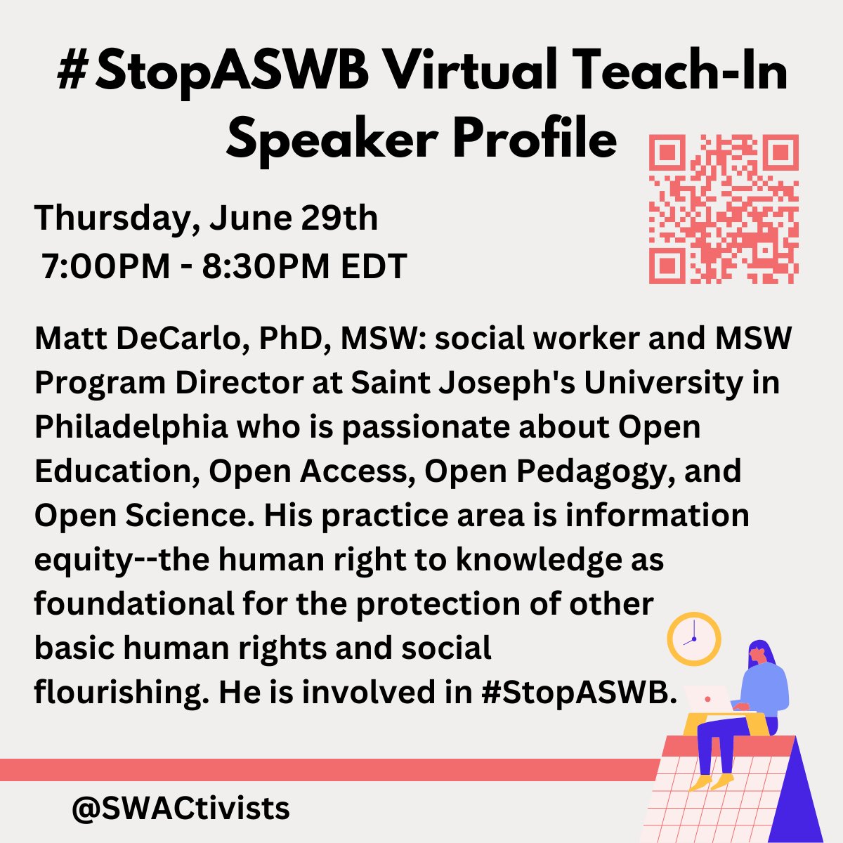 Check it out! Here's some info about one of our speakers, Matt DeCarlo, PhD, MSW. See you this Thursday - Register using the QR code or this link: tinyurl.com/nsnxjxw6

<a href="/profmattdecarlo/">Matt DeCarlo moved to BlueSky</a>

#StopASWB #tuesdaymotivations #tuesdayvibe #goodmorning #advocacy #socialwork #activism