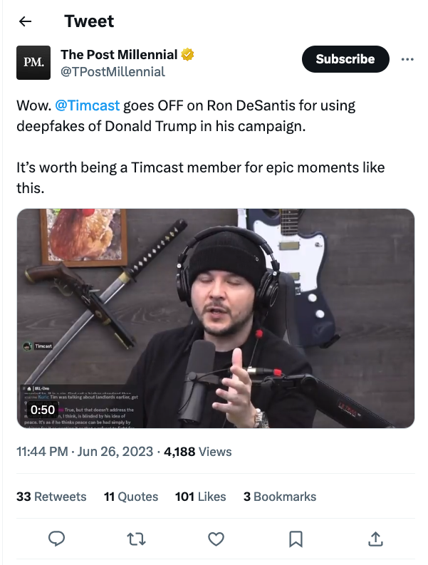 What the hell is this?

Tim Pool attacks DeSantis for 'using deepfakes' over a Fauci meme that was used in a PACs video WEEKS ago.

And an hour later The Post Millennial is posting clips of Pool 'epic' phony attack on RDS and telling people to subscribe to him?

Wake up folks.