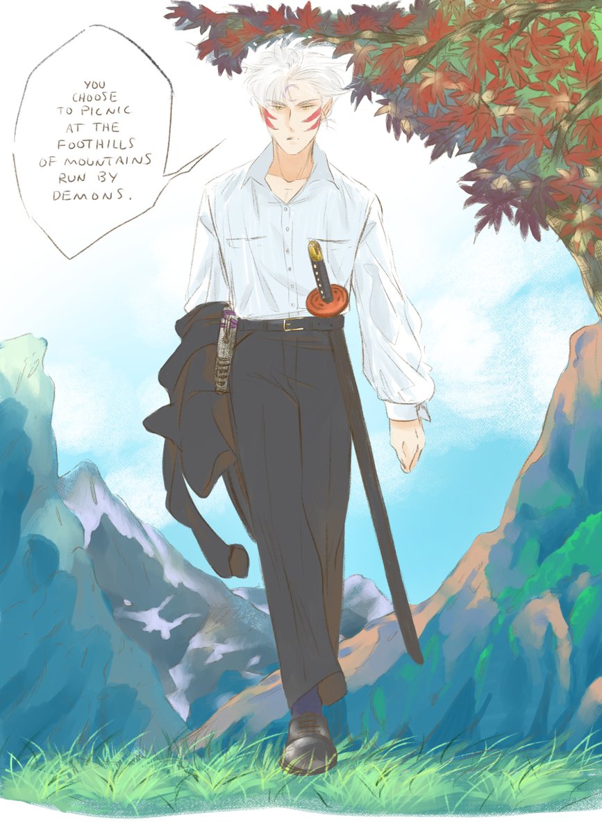 (1/) Sesshomaru and reincarnated Rin picnic in the mountains. More excerpts from my twin sis’s #sessrin #Yashahime AU