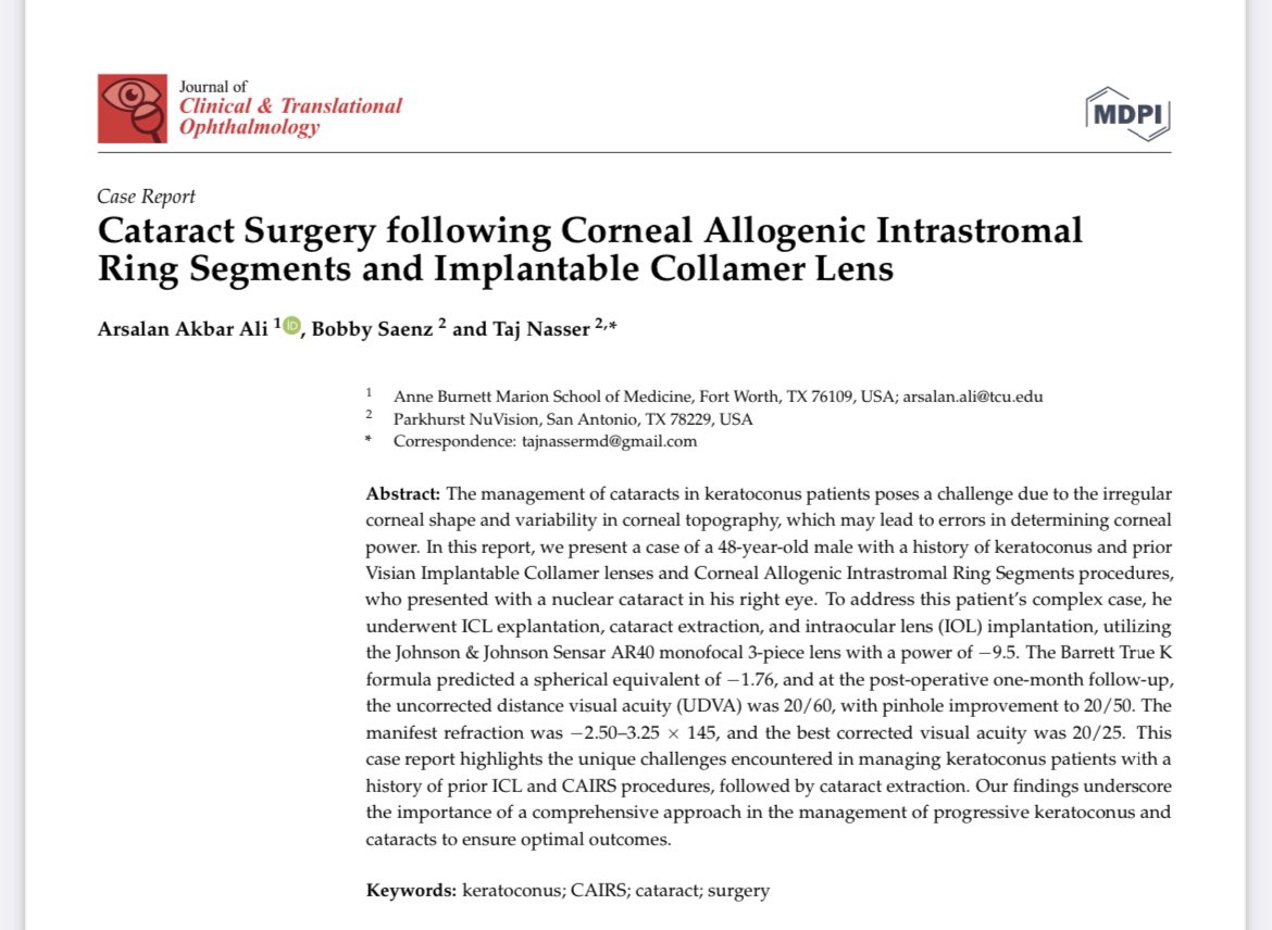 Strong work @Arsalan_Ali17! This is the first reported case with ICL and CAIRS undergoing cataract extraction. Patient experienced a dramatic improvement in vision. Grateful for the opportunity to impact lives daily! @YoungMDConnect #Ophthalmology #Cataracts #Keratoconus