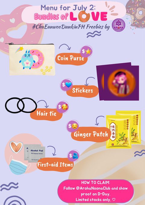 💜 MAY PASALUBONG KAMI! 🩷🧡

We’ve prepared some #BundlesofLove giveaway on July 2! 🥳 How to claim? Just follow <a href="/ArohaNoonaClub/">Aroha Noona Club</a> and show it to us on D-day! 💜

Location: 📍TBA. Stay tuned! 🥰
See you, AROHAs! 💜✨

[Please help RT]
#DunkinPHBundlesofCHArm 
#ChaEunWooDunkinPH 🍩