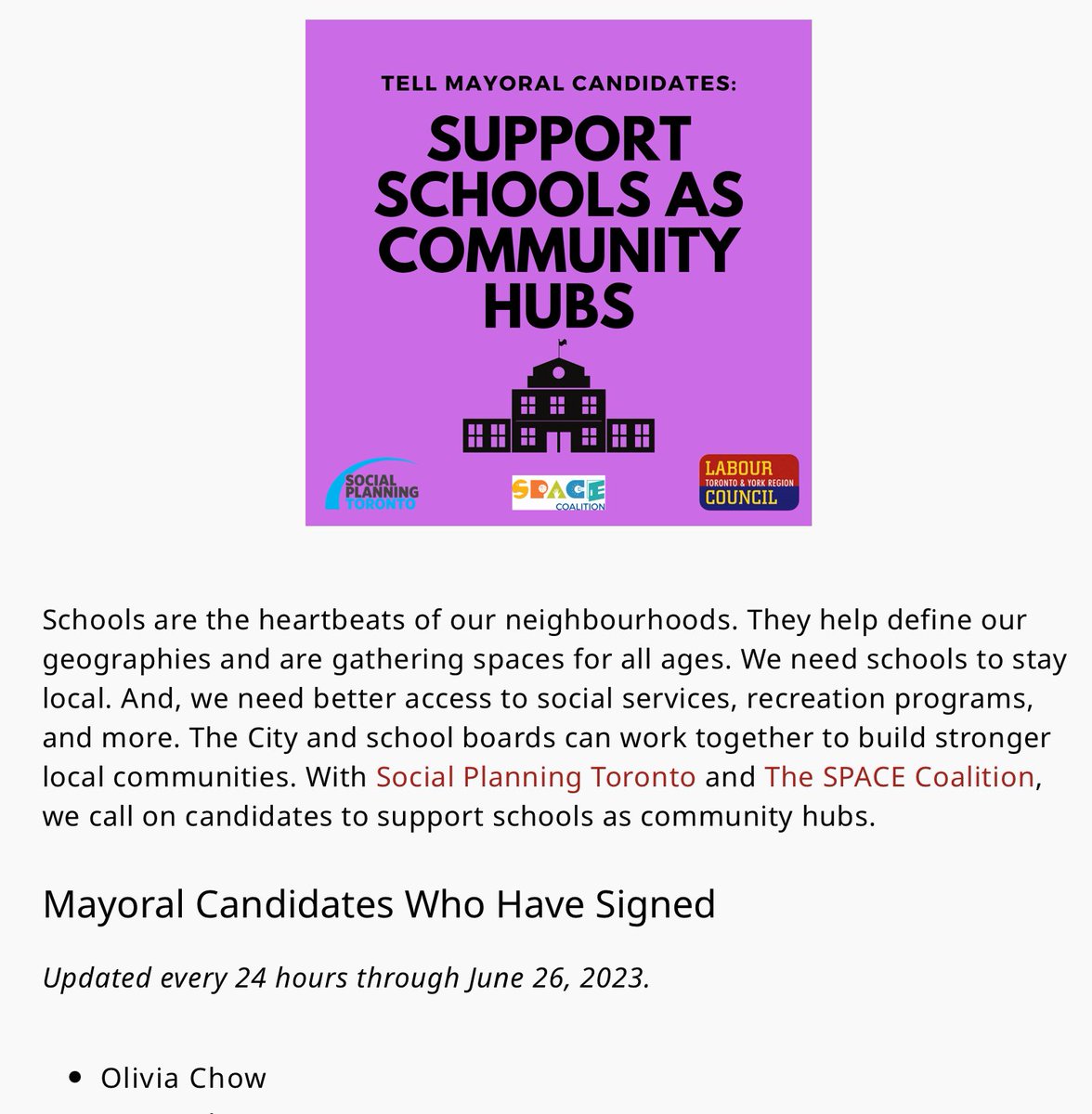 I am delighted that Toronto’s new Mayor will support schools as community hubs.  Thank you <a href="/SPACEONTARIO/">SPACE Coalition</a> and <a href="/torontolabour/">TYR Labour Council</a> for making this an issue in this election.