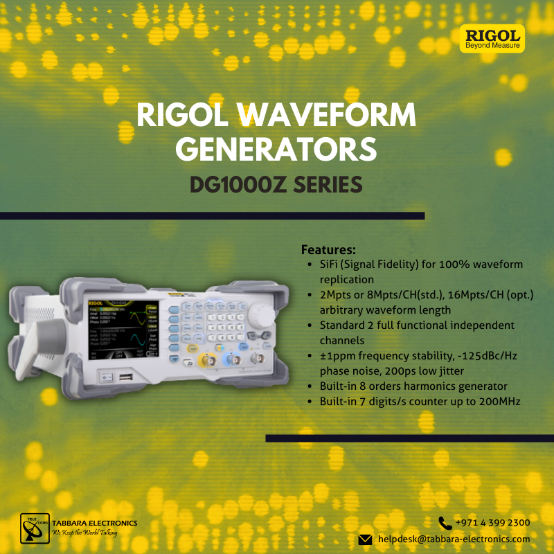 The Rigol DG1000Z series function/arbitrary waveform generator is a multi-functional, high-performance and portable generator. 

#TabbaraElectronics #Rigol #spectrumanalyzers #abudhabi #dubai #middleeast #uae #mena
#ملتزمون_ياوطن
#نتصدر_المشهد