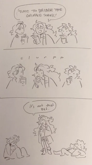 excuse the shitty sketch but. let this grimace shake comic be some of yalls first introduction to my ocs