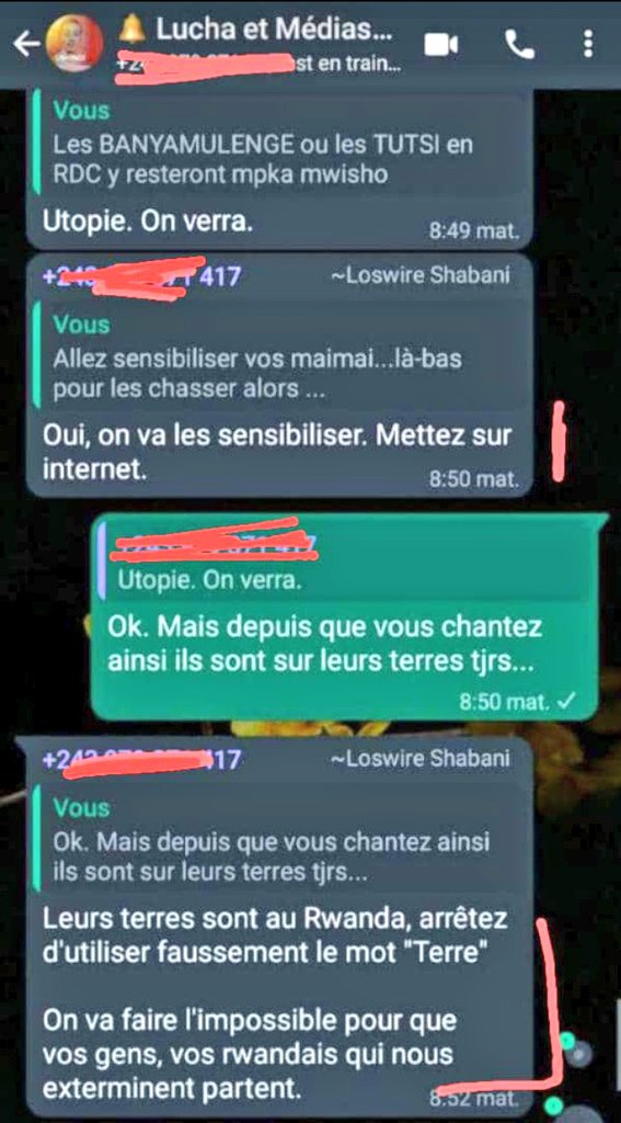 @MaishaRdc @AaronBalume88 @ONU_fr @AsstSecStateAF @BelgiqueRDCongo @EspoirKing1 @eucopresident @EUCouncil @USAmbFrance @USAenFrancais @UNOSAPG @WairimuANderitu @Jmchataigner @luchaRDC @ProtectionInt @TheDefenders @albcontact @mbachelet @JustinTrudeau @NEDemocracy Depuis que les messages de leur groupe wtsp avaient fuité lorsqu'ils préparaient la mobilisation des Maimai pour attaquer les tutsis à Goma...le 15 juin 2022...le 20 Dec 2020...!!! J'avais perdu mon espoir avec ces néo interahamwes. @ShabaniLoswire qui écrit ici👇👇👇