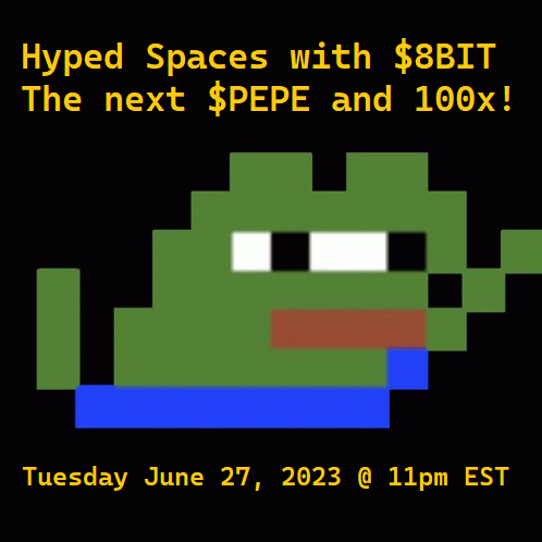 EightBitPepeERC's tweet photo. #8BITPEPE  -  join us tomorrow for our first Twitter Space.  Meet the team, discuss nft utility &amp; future plans, and share thoughts on butt stuff.  $PEPE #ETH https://t.co/C0ZcypvQuQ