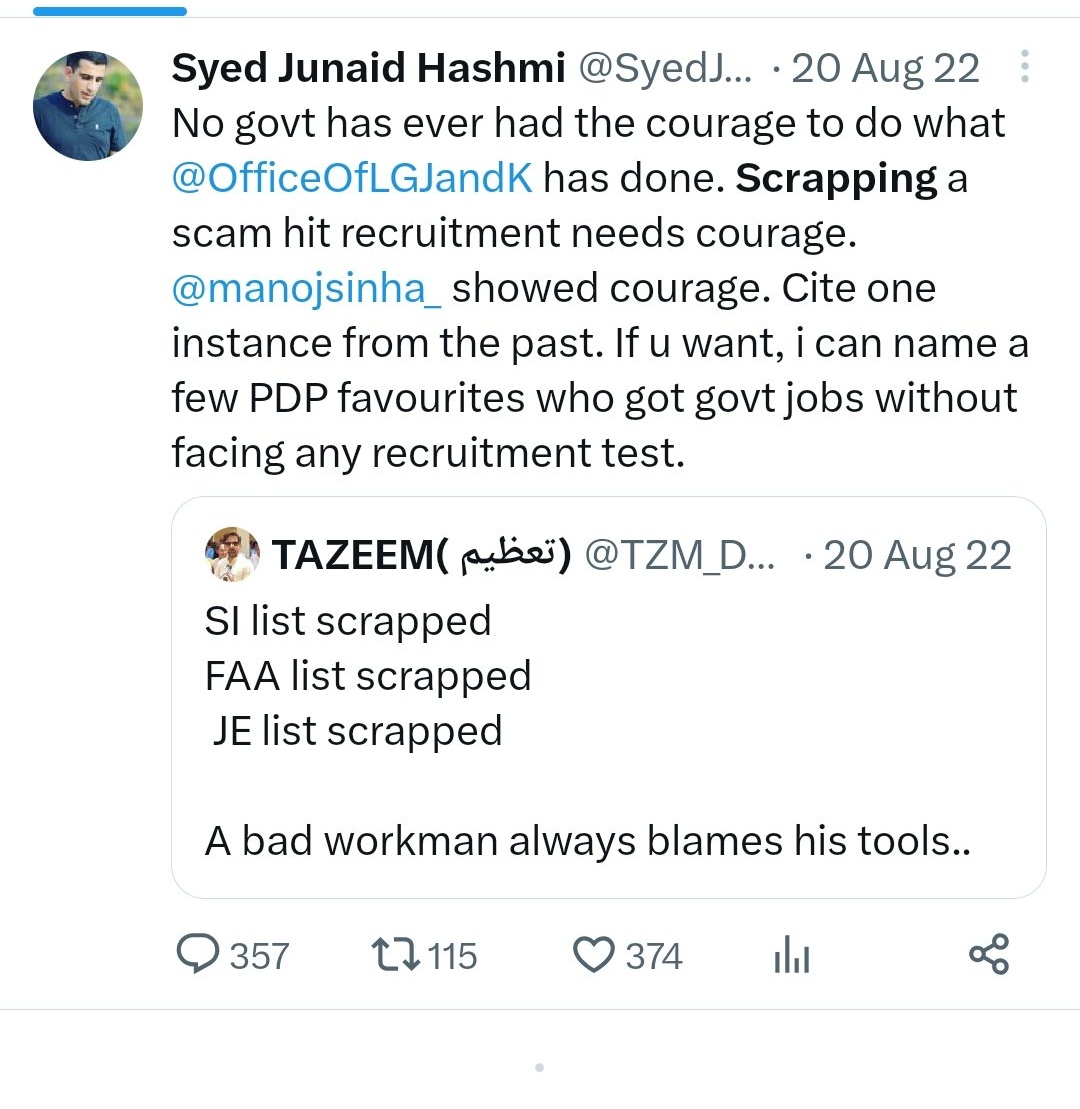 @SyedJunaidHsmi Hey propagandist junaid ,your dad manoj sinha not able to control what is happening in JK UT with respect to recruitments ? Instead of blaming govt. you are literally taking digs at students here on twitter .Shame on you coward !