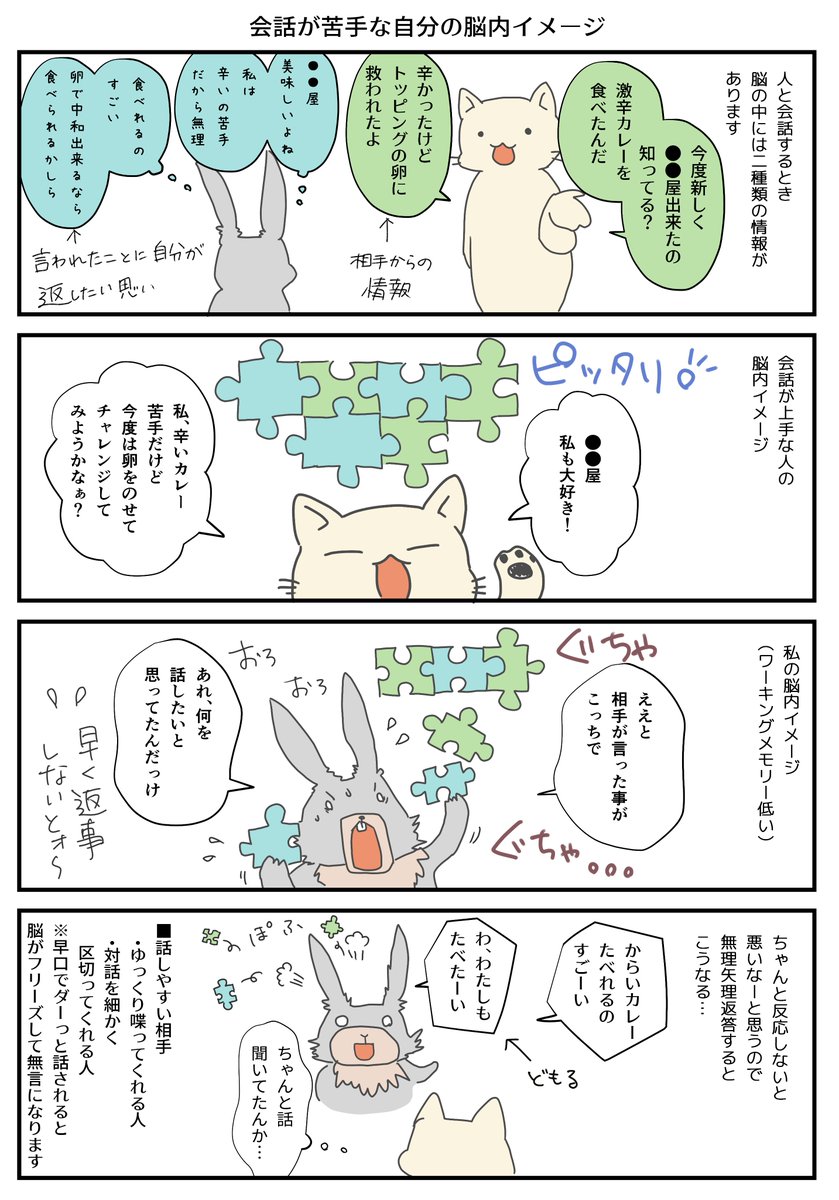 ワーキングメモリー低い私の脳内。
パズルきれいに組み合わせて喋れる人と話してると、ほんと凄いなって思います。

#発達障害 
#コミックエッセイ https://t.co/wiD39YoFQ2