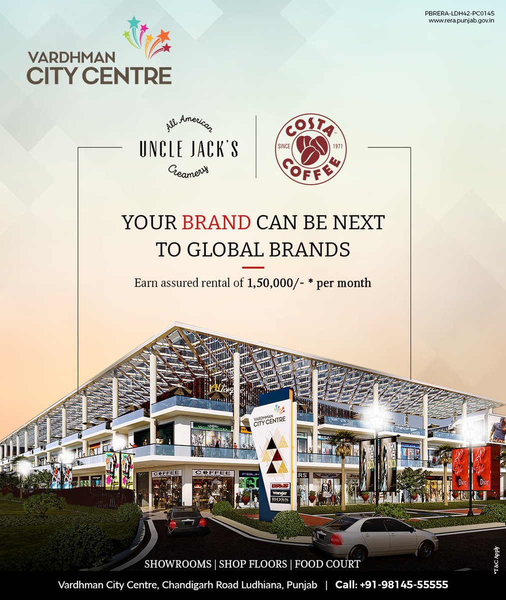 vccludhiana's tweet photo. Embrace the opportunity to stand shoulder-to-shoulder with global brands.

Multiple Global Brands, One Promising Name Your brand can be next to global brands   

#VardhmanAmrante #VardhmanCityCentre #UncleJacks #Costacoffee #commercial #realestate #ludhiana #Investment #NowOpen https://t.co/9a3IiscaTQ