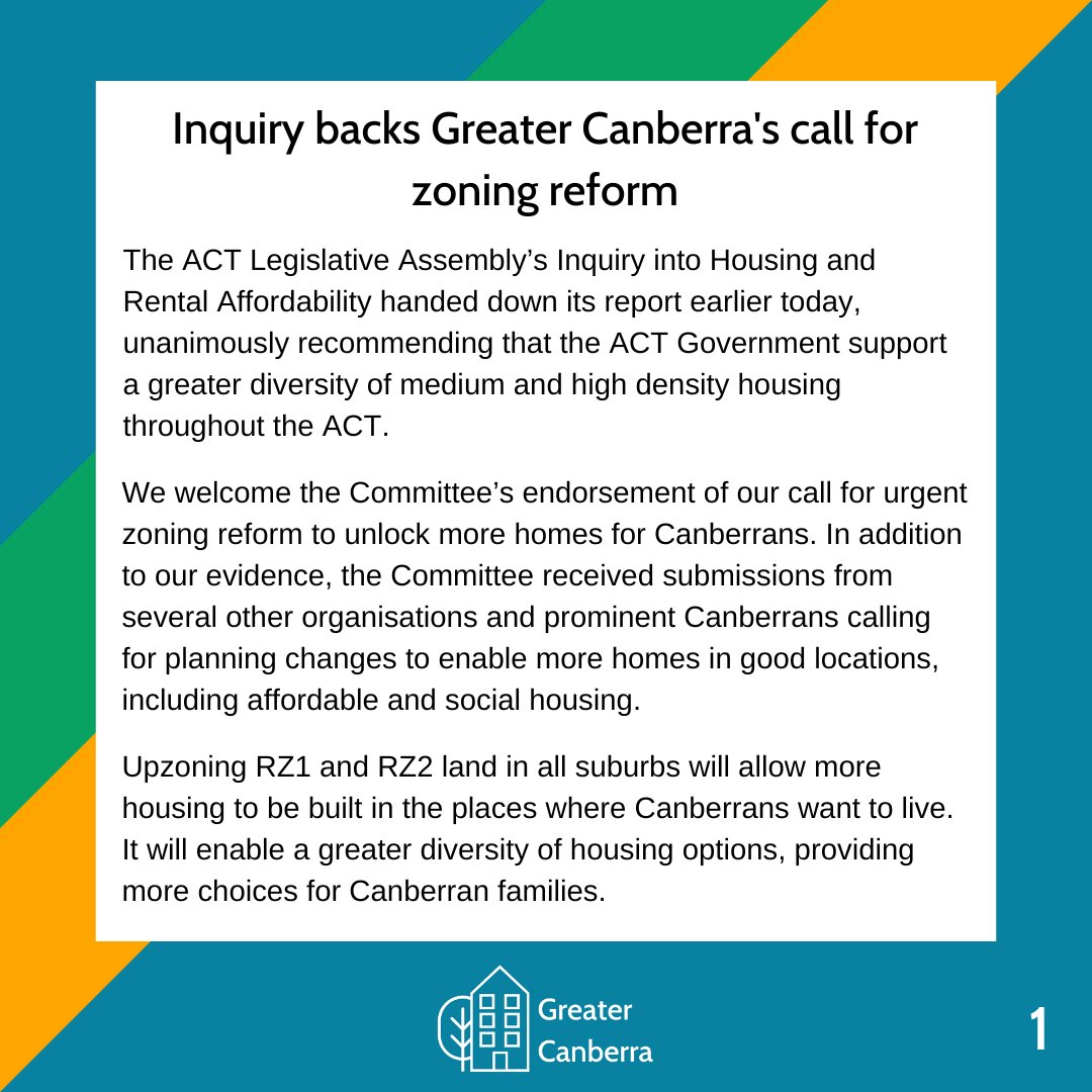 MEDIA RELEASE: Inquiry backs Greater Canberra's call for zoning reform

The @ACT_Assembly's Inquiry into Housing and Rental Affordability has backed the necessity of planning reforms to deliver more medium- and high-density housing in the places Canberrans want to live. 1/