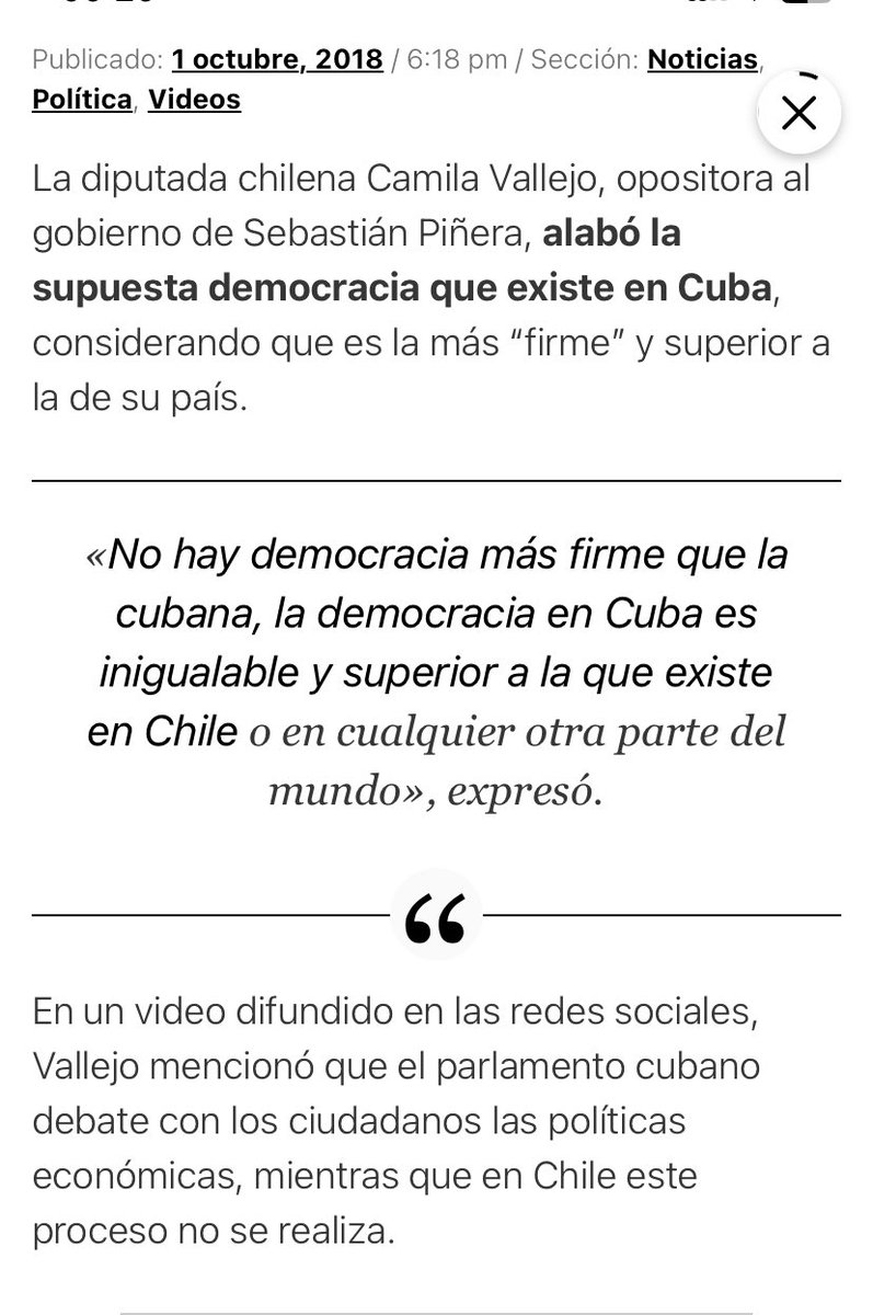 Me pregunto si la aseveración d Camila Vallejos d que “la democracia en Cuba es superior a la que existe en Chile” será considerada  información o desinformación por la comisión nacional creada por Pdte Boric contra la desinformación.