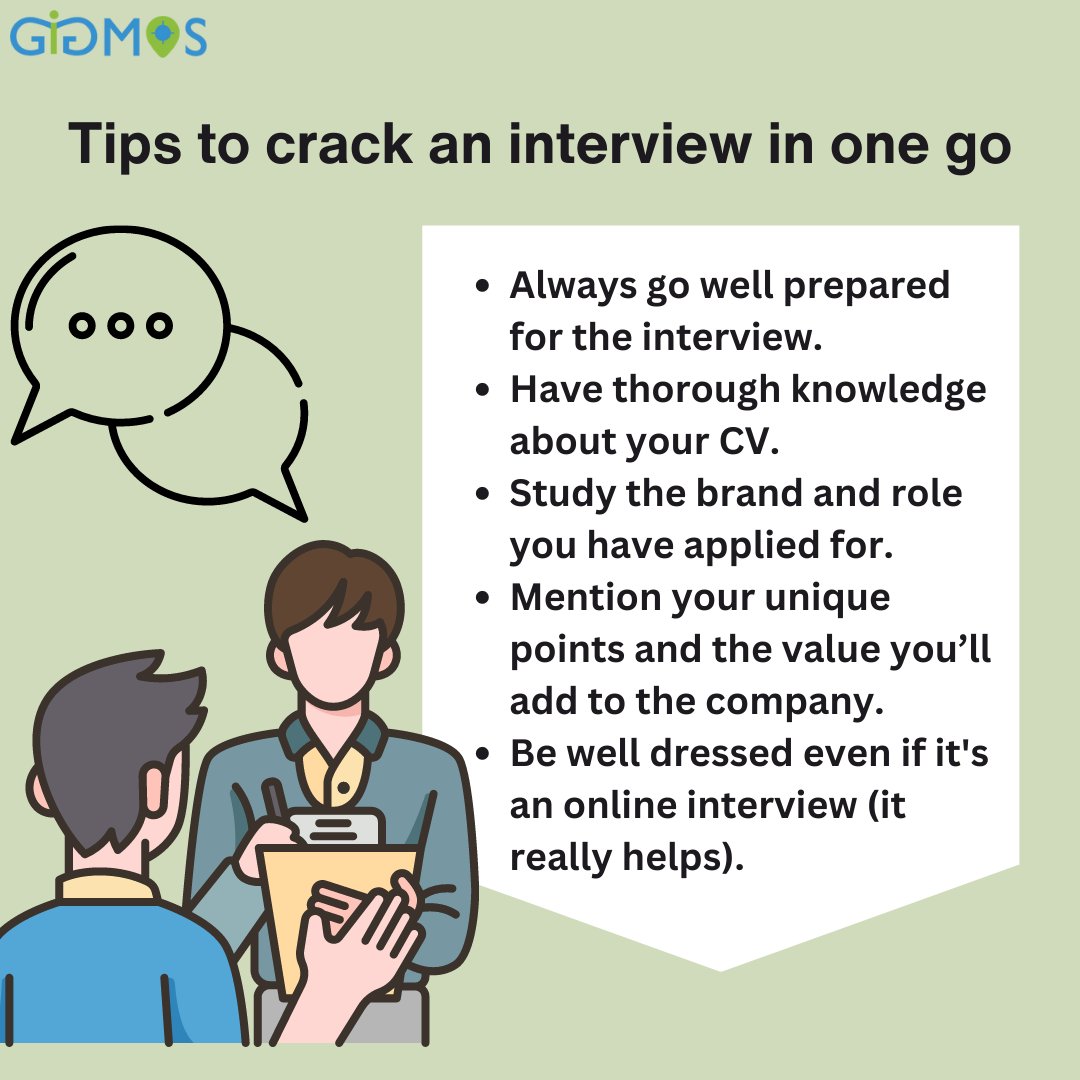 gigmos's tweet photo. Interviews can be daunting, especially if you are unprepared for them. Here are a few ways to gain the confidence to clear an interview in one go.

#interviews #preparation #beingconfident #knowledge #preparewell #valueadd https://t.co/X7dA79hqtT
