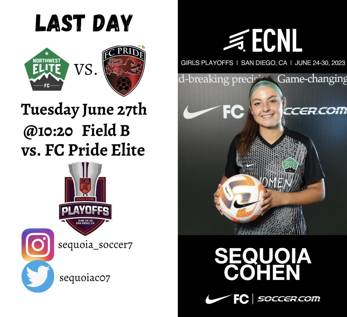 sequoiac07's tweet photo. Final Day at ECNL Playoffs. I am beyond thankful to have had this opportunity and very excited to go finish it out tomorrow! Let's go @nw_elitefc!! 💚💚
@ImYouthSoccer @ImCollegeSoccer @PrepSoccer @RecruitSoccerXP @ECNLgirls @NcsaSoccer https://t.co/3TU6UqVTVY