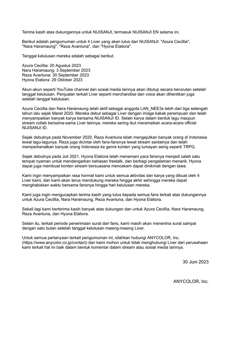 NIJISANJI_ID's tweet photo. [Pengumuman Kelulusan Liver NIJISANJI] Mohon untuk membaca artikel di bawah untuk informasi lebih detail. https://t.co/klCMgzQo75